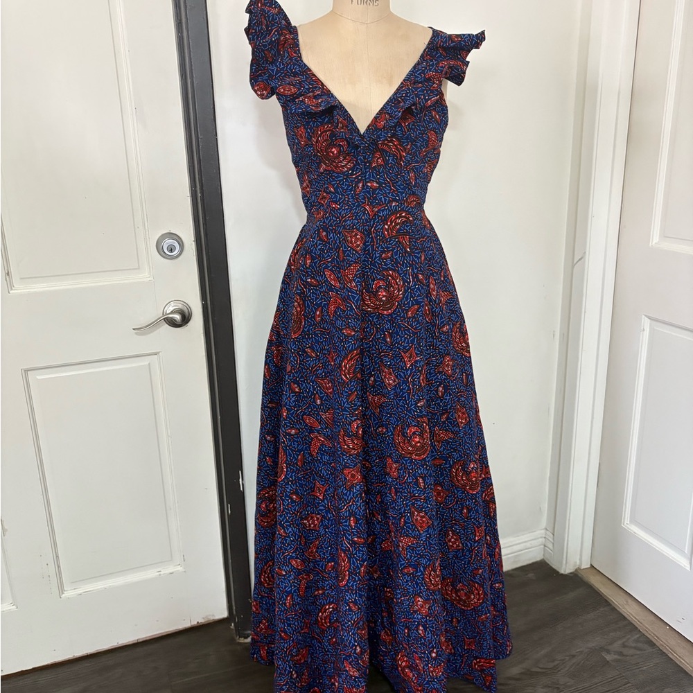 African Halter Blue Print Floral and Red Maxi Dress - Picture 2 of 9